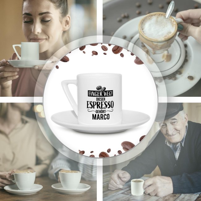 Espresso Tasse aus Porzellan mit Name - Finger weg! Dieser Espresso geh&ouml;rt - Henkel eckig, mit Untertasse, 100 ml