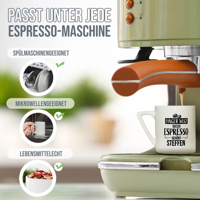 Espresso Tasse aus Porzellan mit Name - Finger weg! Dieser Espresso geh&ouml;rt - Henkel eckig, mit Untertasse, 100 ml