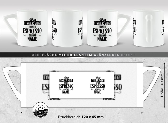 Espresso Tasse aus Porzellan mit Name - Finger weg! Dieser Espresso geh&ouml;rt - Henkel eckig, mit Untertasse, 100 ml