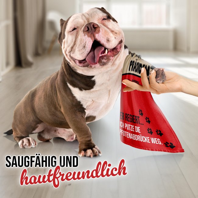 Pfotenhandtuch f&uuml;r Hunde - Er regiert &hellip; - mit Name - 50 x 30 cm