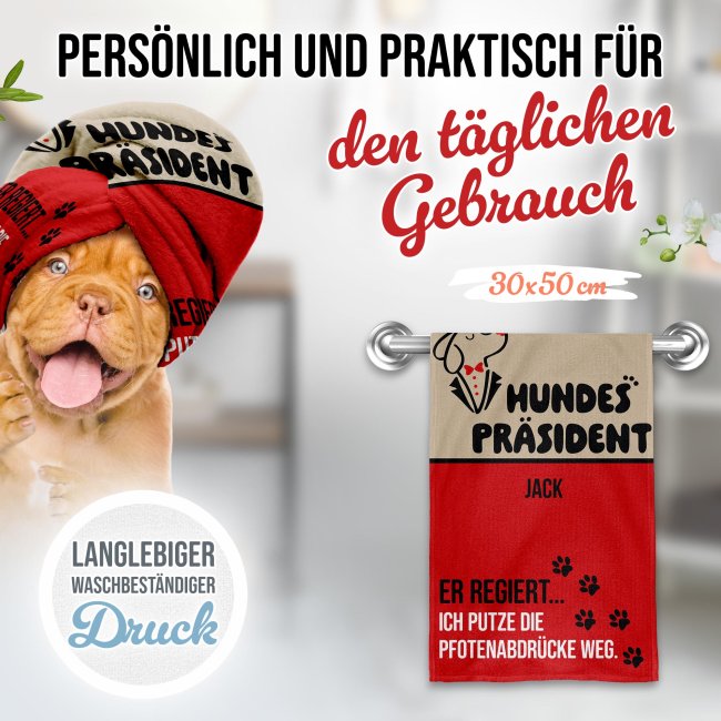 Pfotenhandtuch f&uuml;r Hunde - Er regiert &hellip; - mit Name - 50 x 30 cm