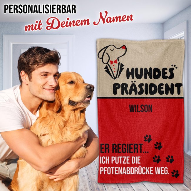 Pfotenhandtuch f&uuml;r Hunde - Er regiert &hellip; - mit Name - 50 x 30 cm