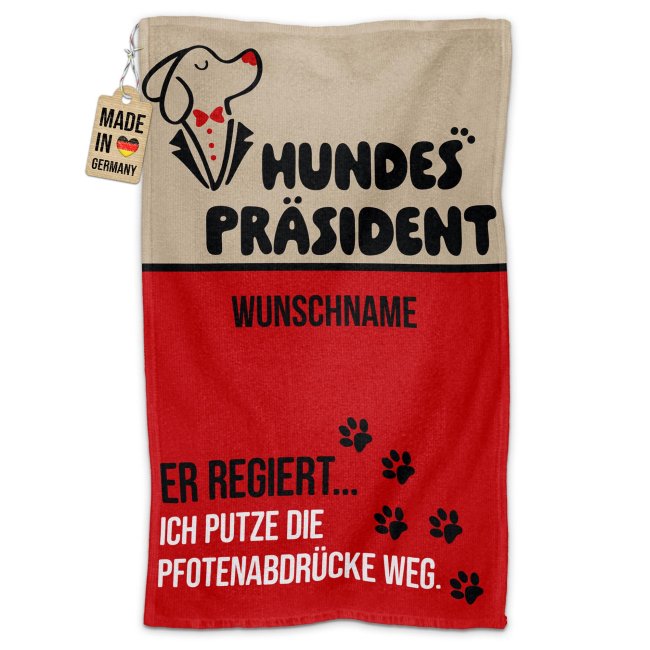 Pfotenhandtuch f&uuml;r Hunde - Er regiert &hellip; - mit Name - 50 x 30 cm