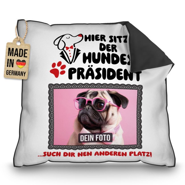 Kissen f&uuml;r Hunde - mit Foto - Hier sitzt der Hundespr&auml;sident