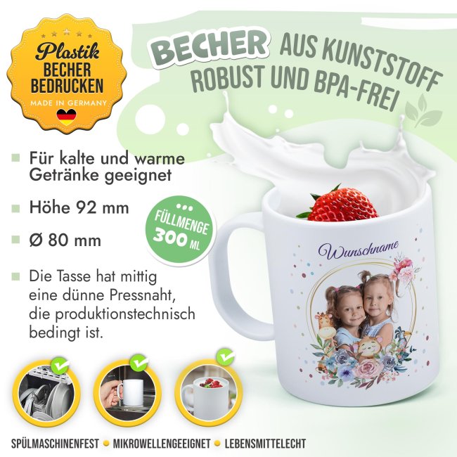 Kunststoff-Tasse f&uuml;r Kinder mit Name und Foto - Blumenkranz mit Tiere