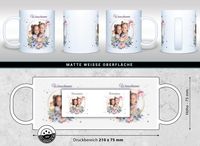 Kunststoff-Tasse f&uuml;r Kinder mit Name und Foto - Blumenkranz mit Tiere