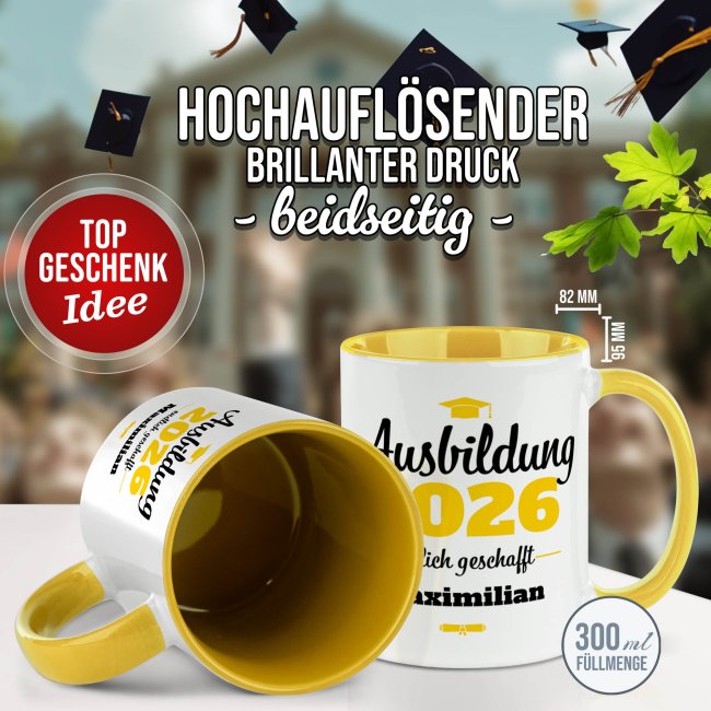 Tasse zur Ausbildung mit Name &amp; Jahr - Endlich geschafft - Innen &amp; Henkel Gelb