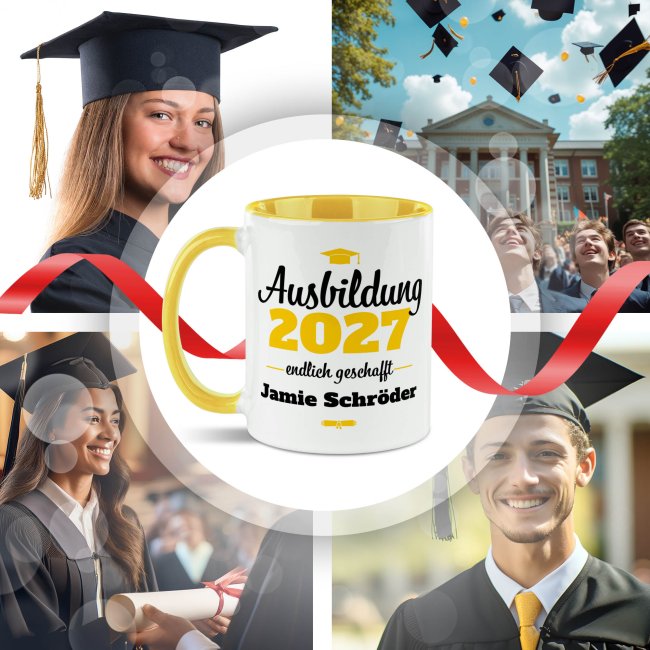 Tasse zur Ausbildung mit Name &amp; Jahr - Endlich geschafft - Innen &amp; Henkel Gelb