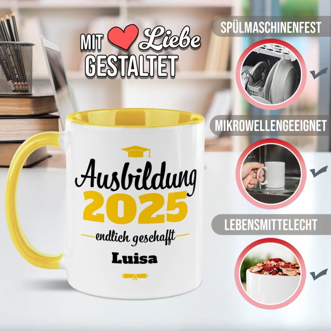 Tasse zur Ausbildung mit Name &amp; Jahr - Endlich geschafft - Innen &amp; Henkel Gelb