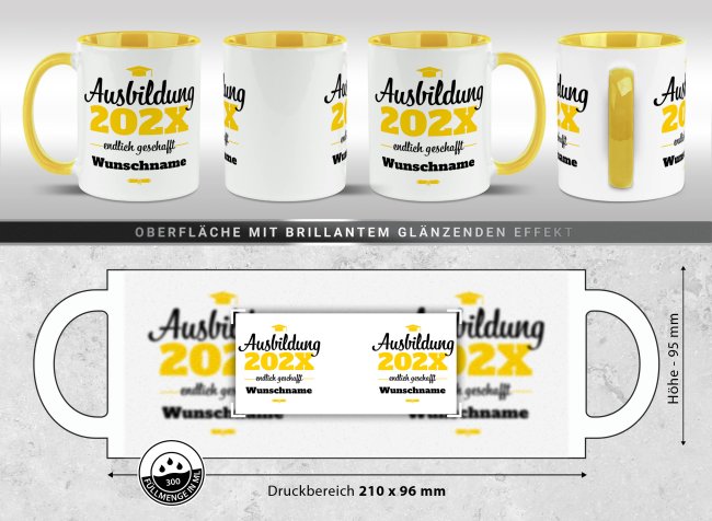 Tasse zur Ausbildung mit Name &amp; Jahr - Endlich geschafft - Innen &amp; Henkel Gelb