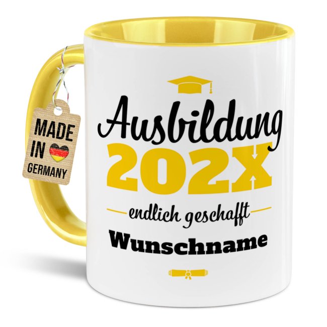 Tasse zur Ausbildung mit Name &amp; Jahr - Endlich geschafft - Innen &amp; Henkel Gelb