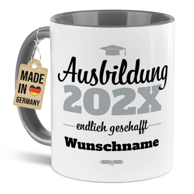 Tasse zur Ausbildung mit Name &amp; Jahr - Endlich geschafft - Innen &amp; Henkel Grau