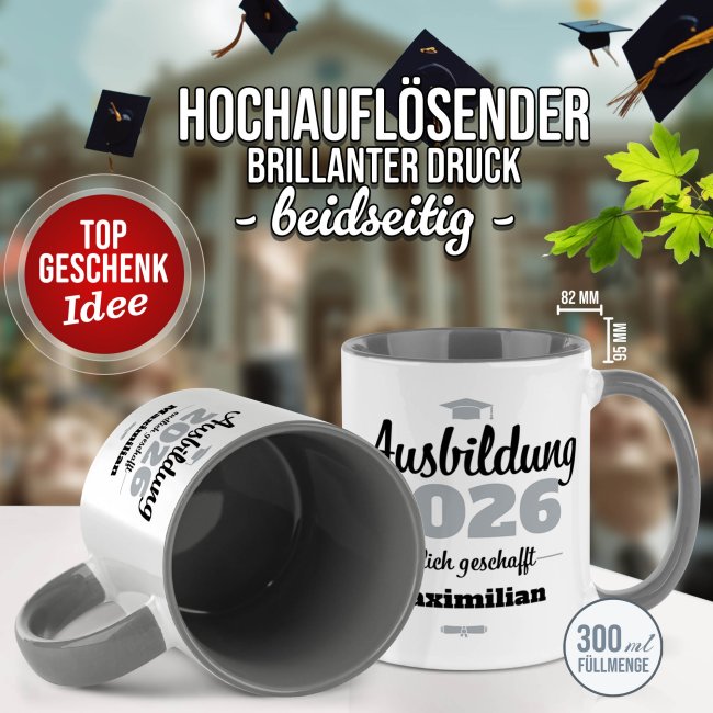Tasse zur Ausbildung mit Name &amp; Jahr - Endlich geschafft - Innen &amp; Henkel Grau
