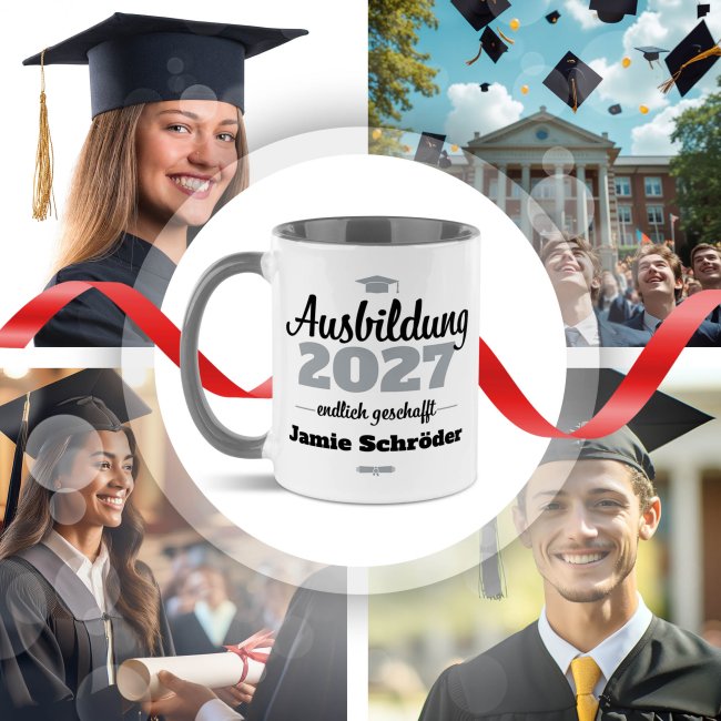 Tasse zur Ausbildung mit Name &amp; Jahr - Endlich geschafft - Innen &amp; Henkel Grau