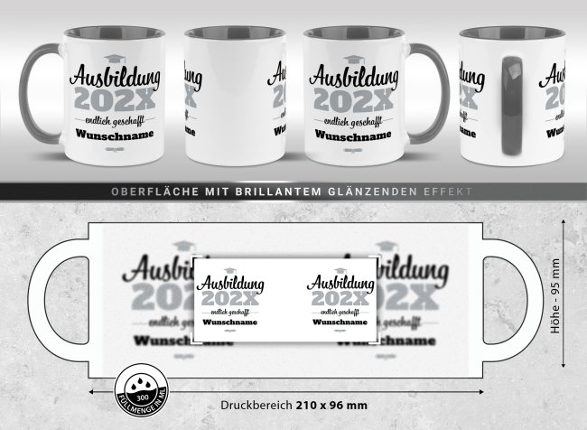 Tasse zur Ausbildung mit Name &amp; Jahr - Endlich geschafft - Innen &amp; Henkel Grau