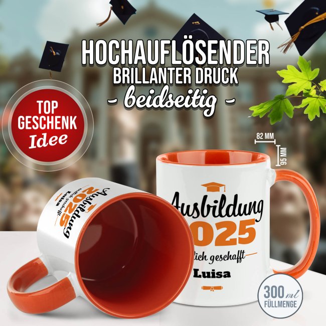 Tasse zur Ausbildung mit Name &amp; Jahr - Endlich geschafft - Innen &amp; Henkel Orange