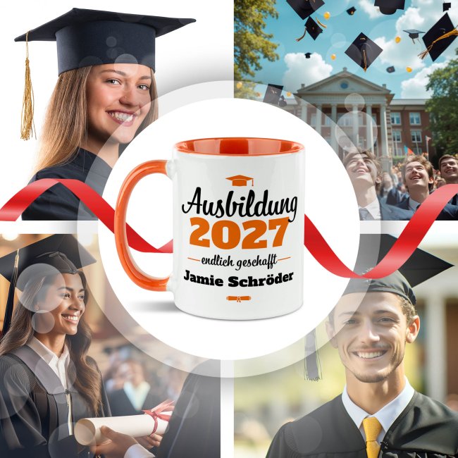 Tasse zur Ausbildung mit Name &amp; Jahr - Endlich geschafft - Innen &amp; Henkel Orange
