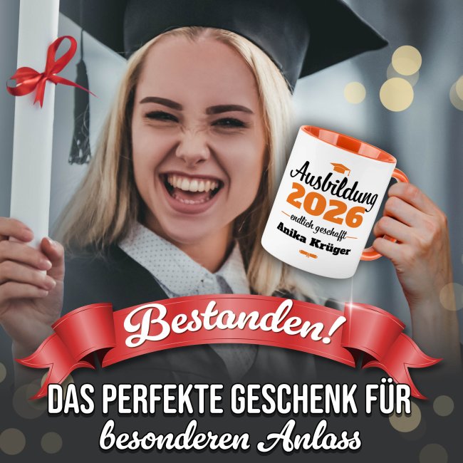 Tasse zur Ausbildung mit Name &amp; Jahr - Endlich geschafft - Innen &amp; Henkel Orange