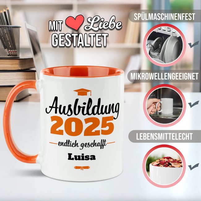 Tasse zur Ausbildung mit Name &amp; Jahr - Endlich geschafft - Innen &amp; Henkel Orange