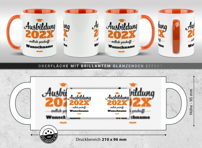 Tasse zur Ausbildung mit Name &amp; Jahr - Endlich geschafft - Innen &amp; Henkel Orange