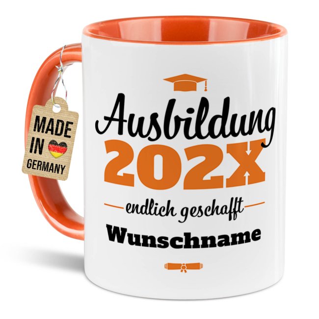 Tasse zur Ausbildung mit Name &amp; Jahr - Endlich geschafft - Innen &amp; Henkel Orange