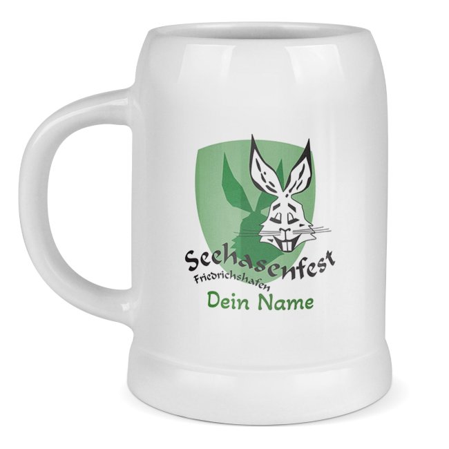 Bierkrug mit Name - Seehasenfest Logo - Keramik wei&szlig; - 500 ml