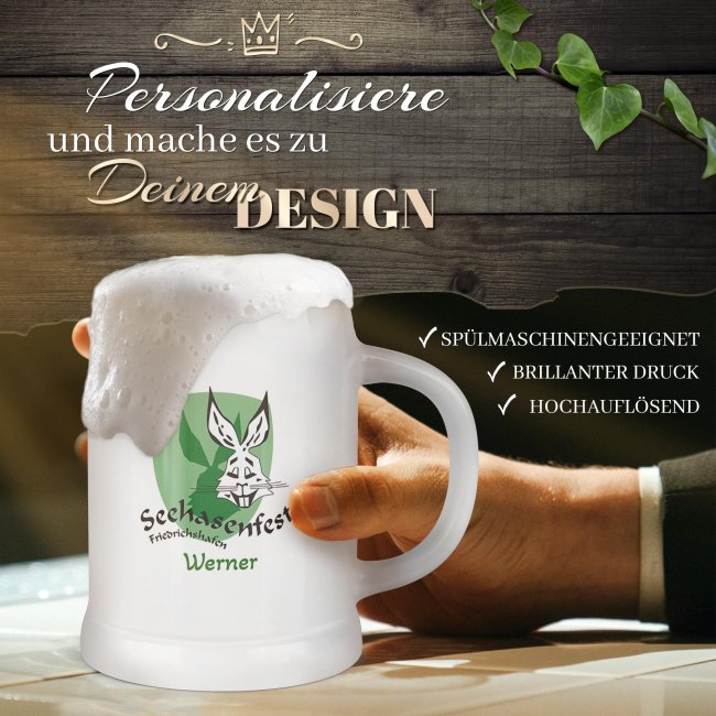 Bierkrug mit Name - Seehasenfest Logo - Keramik wei&szlig; - 500 ml