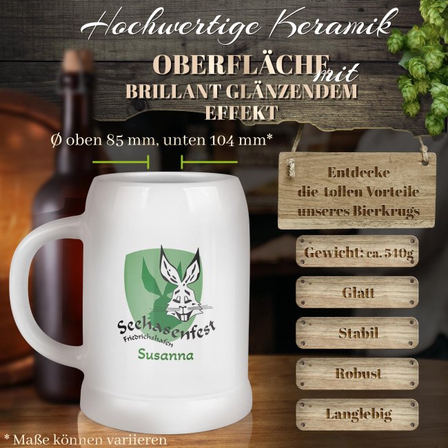 Bierkrug mit Name - Seehasenfest Logo - Keramik wei&szlig; - 500 ml