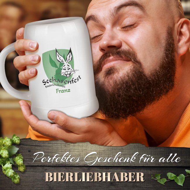 Bierkrug mit Name - Seehasenfest Logo - Keramik wei&szlig; - 500 ml