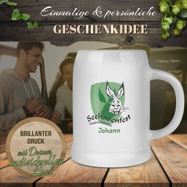 Bierkrug mit Name - Seehasenfest Logo - Keramik wei&szlig; - 500 ml