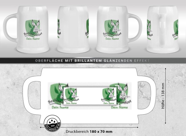 Bierkrug mit Name - Seehasenfest Logo - Keramik wei&szlig; - 500 ml