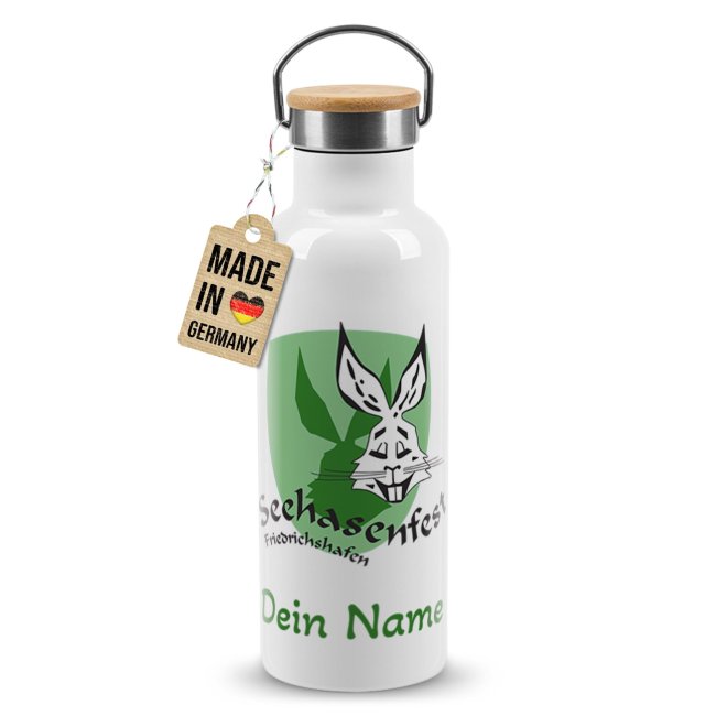 Trinkflasche mit Bambusdeckel - Seehasenfest Logo - mit Name personalisiert
