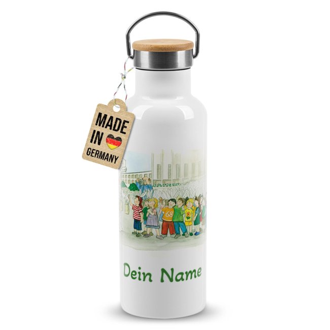 Trinkflasche mit Bambusdeckel - Zeichnung Seehasenfest - mit Name personalisiert