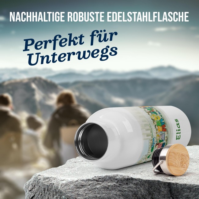 Trinkflasche mit Bambusdeckel - Zeichnung Seehasenfest - mit Name personalisiert - 500 ml
