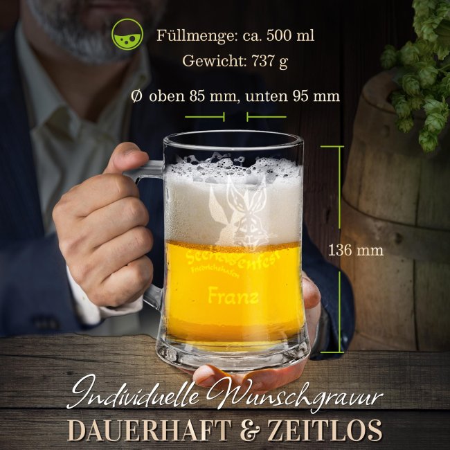 Graviertes Bierglas mit Henkel - Seehasenfest Logo - mit Name - 450 ml
