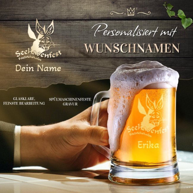 Graviertes Bierglas mit Henkel - Seehasenfest Logo - mit Name - 450 ml