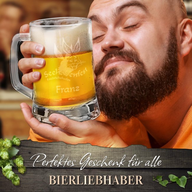 Graviertes Bierglas mit Henkel - Seehasenfest Logo - mit Name - 450 ml