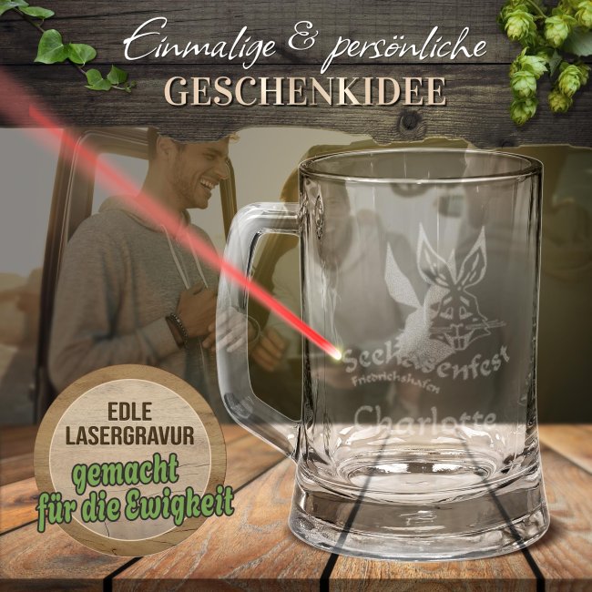 Graviertes Bierglas mit Henkel - Seehasenfest Logo - mit Name - 450 ml