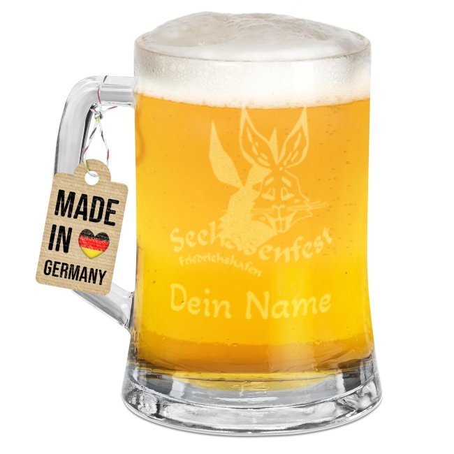 Graviertes Bierglas mit Henkel - Seehasenfest Logo - mit Name - 450 ml