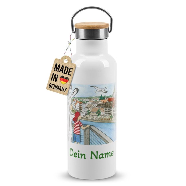 Trinkflasche mit Bambusdeckel - Zeichnung zum Seehasenfest - mit Name personalisiert