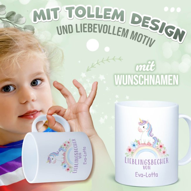 Kunststoff-Tasse f&uuml;r Kinder - Einhorn M&auml;dchen - mit Name