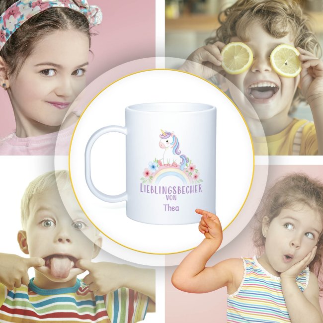 Kunststoff-Tasse f&uuml;r Kinder - Einhorn M&auml;dchen - mit Name