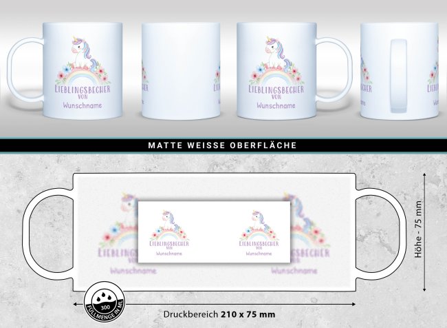 Kunststoff-Tasse f&uuml;r Kinder - Einhorn M&auml;dchen - mit Name