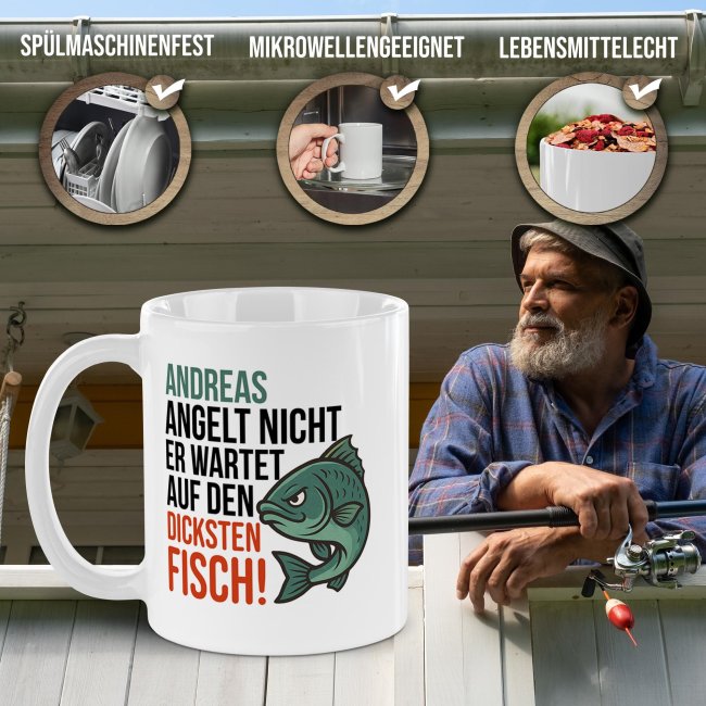 Tasse f&uuml;r Angler - Wartet auf den dicksten Fisch_mit Name