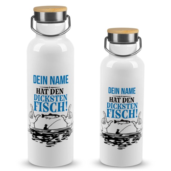 Trinkflasche mit Bambusdeckel - Hat den dicksten Fisch - mit Name