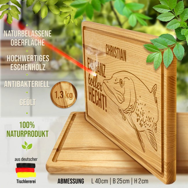 Gro&szlig;es Schneidebrett mit Gravur - Ganz toller Hecht - mit Name