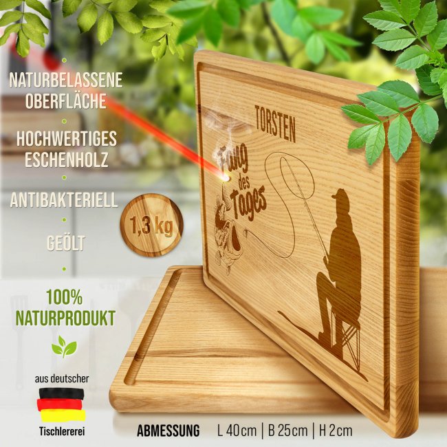 Gro&szlig;es Schneidebrett mit Gravur - Fang des Tages - mit Name