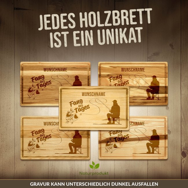 Gro&szlig;es Schneidebrett mit Gravur - Fang des Tages - mit Name