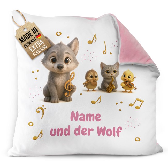 Flauschiges Kissen f&uuml;r Kinder mit Name - Kissen-Merch zum Kinderkonzert Peter und der Wolf - Rosa flauschig