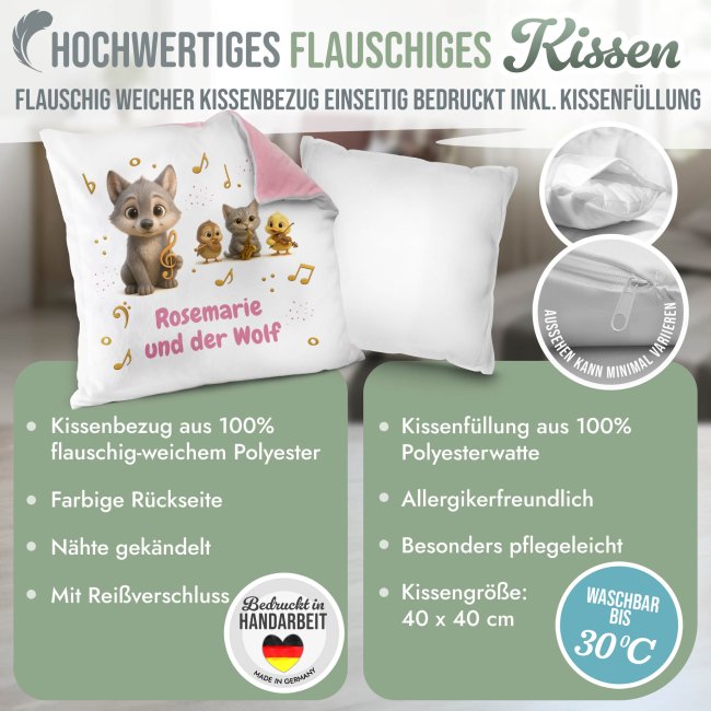 Flauschiges Kissen f&uuml;r Kinder mit Name - Kissen-Merch zum Kinderkonzert Peter und der Wolf - Rosa flauschig